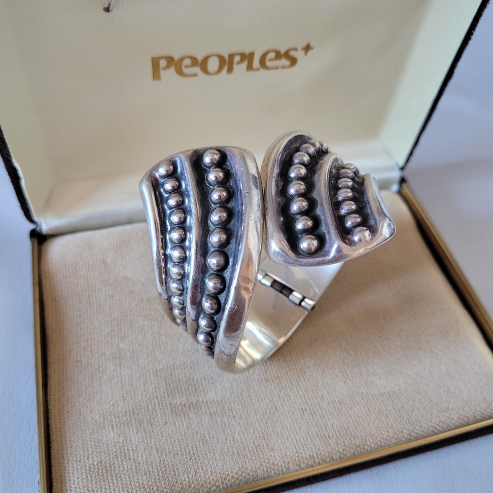 Vintage sterling silver Taxco Mexican wide clamper cuff bracelet. Marked. Gift i